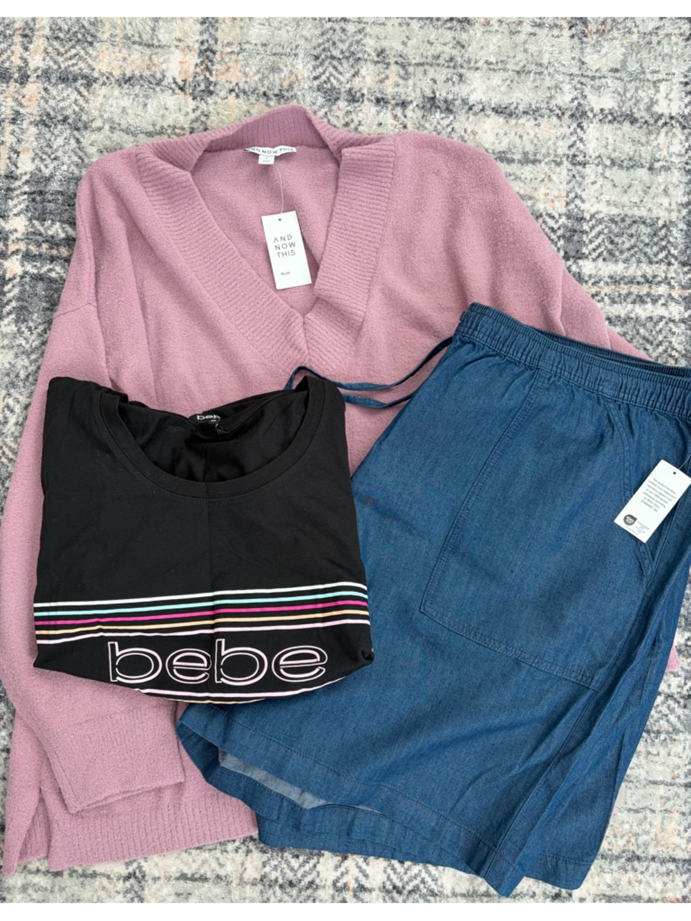 3 Piece Set Dusty Purple Sweater  Dark Denim Short Bebe Top 3X Women’s